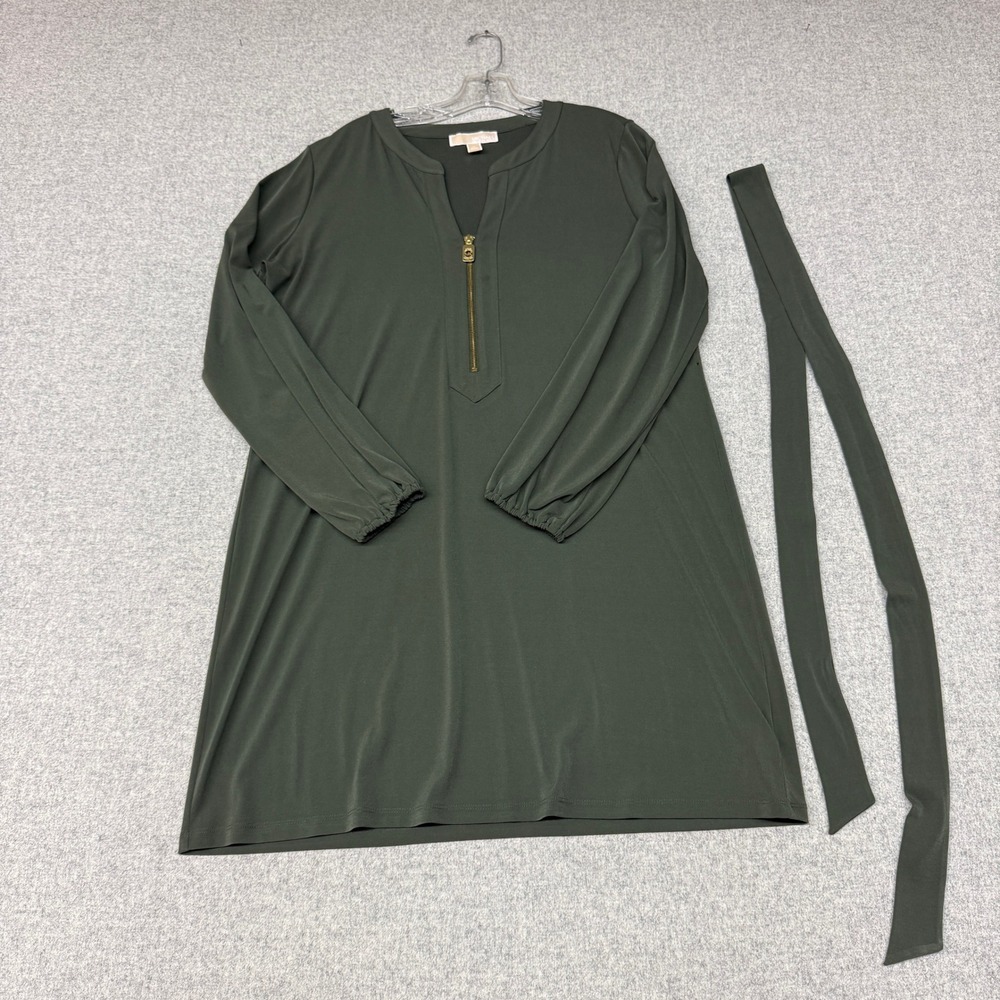 Michael Michael Kors Dress XL Olive Green Zip Neck Long Sleeve Belted Shift Tuni